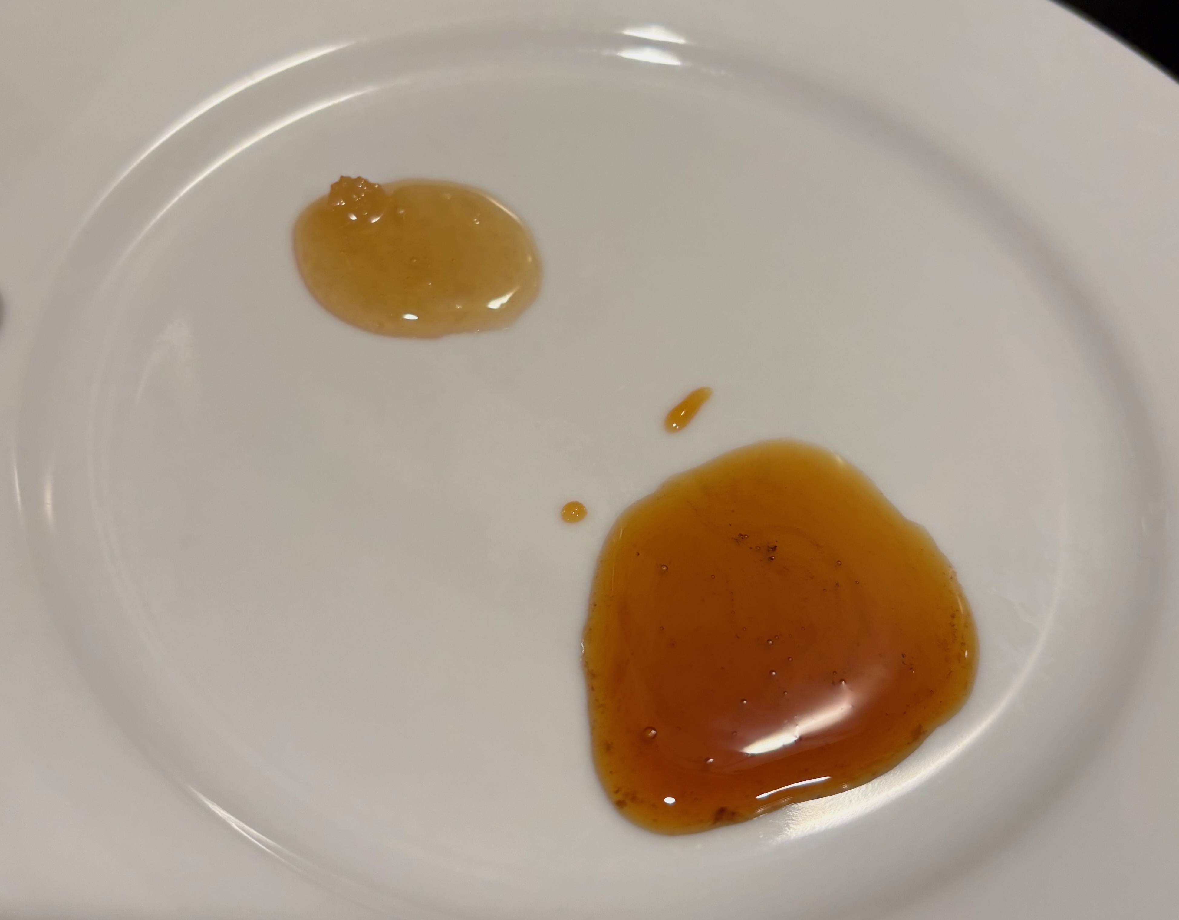 A demonstration of the color change. Top left: the untoasted honey, bottom right: the toasted honey